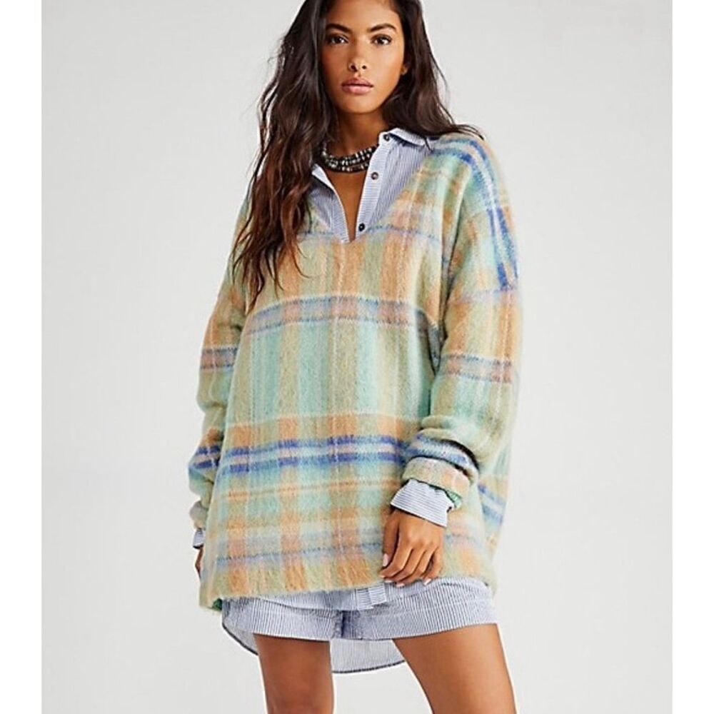 FREE PEOPLE PRIMROSE PLAID TUNIC SWEATER IN JADE COMBO size XS Green Oversized
